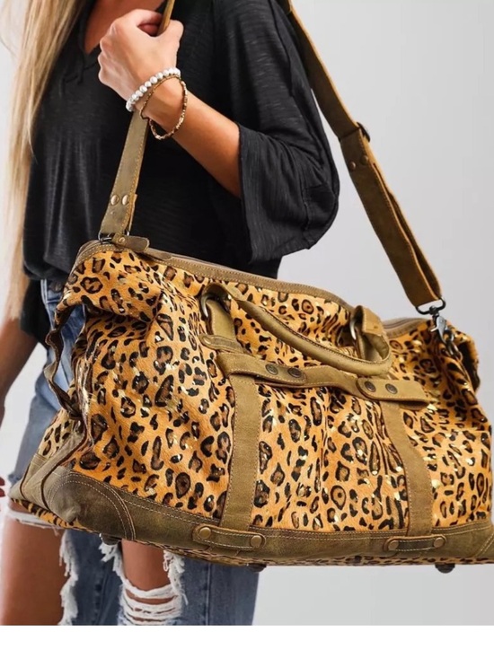 Myra Bag Other - Myra Leopard Print Leather Travel Duffel Bag - Brown Gold Black